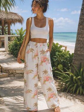American Eagle Tropical Floral Wide Leg Cargo Pants Size Small European Summer